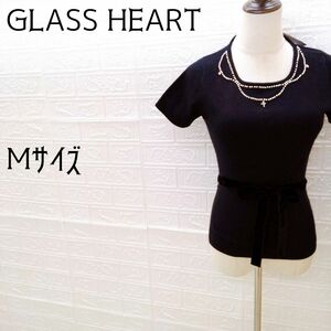 《GLASS HEART》グラスハート　半袖ニット　ビジュー　レーヨン　アンゴラ　ウール混　リボンベルト　ブラック　未使用品　M
