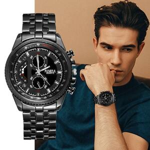 【★★新品★★】高級メンズ腕時計　ブラッククォーツ高級カジュアル　ビジネス　ステンレス鋼メンズレロジオ masculino