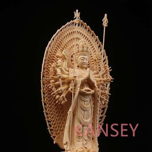 仏教美術 精密彫刻 仏像 手彫り 八角台座 桧木製 千手観音菩薩 高さ約43ｃｍの画像3
