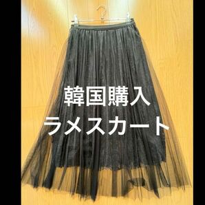 韓国購入【美品】プリーツスカートブラック黒 ラメ入り F ロング丈 ロングスカート