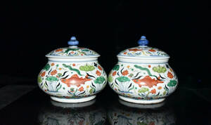 明・宣德年製款・古陶瓷品・五彩・草紋・盖罐一對『収蔵家蔵』稀少珍品・置物・古賞物・中国古美術