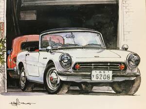 【正規品 絶版】Bowイラスト ポストカード ホンダ S800 カーマガジン HONDA S800 絵葉書 旧車 絵