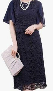 ワンピース　結婚式　フォーマル　レース　ネイビー　紺　膝丈　DRESS+