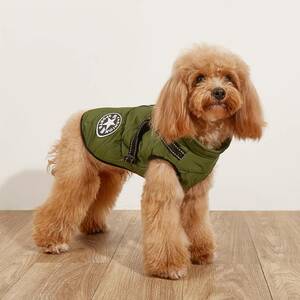 FASHION SPORTS 犬服 ハーネス付ダウン風ベスト ドッグウェア ペット服 冬用 裏ボア 撥水加工 防寒 小中型犬用 グリーン XXL 3L★＃1023-53