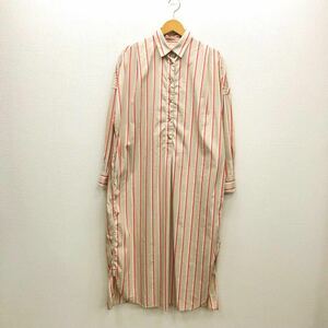 【こ050】日本製Loungedress×SOMELOS ストライプ柄ワンピース フリーサイズ ベージュ 長袖 ロング丈 薄地 ゆったり ブランド古着送料無料