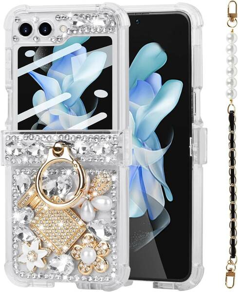 Samsung Galaxy Z Flip 5用ケース かわいいケース クリスタル ダイヤモンド キラキラ光る スマホケース スクリーン プロテクター付き D36