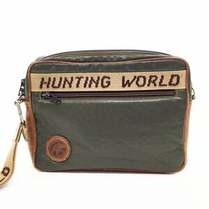 ◆HUNTING WORLD ハンティングワールド フランス製 ヴィンテージ ポーチ メンズ レディース ナイロン×レザー カーキ×ブラウン 4CC/89387