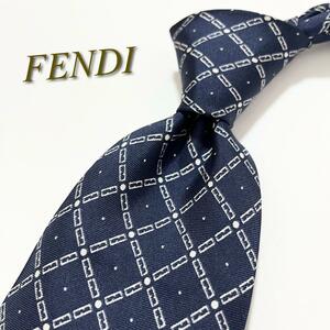 【美品】FENDI フェンディ ネクタイ ズッカチェック柄 FF イタリア製 メンズ スーツ 光沢 総柄 ハイブランド 高級 ブランドロゴ