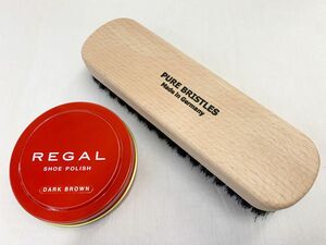 新品★ご要望が多いセット！REGALシューポリッシュ茶系１缶に豚毛ブラシが加わりました(固形ダークブラウン濃茶&ブラッシング)茶色