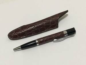 美品 MONTEVERDE モンテベルデ　ツイスト式 ミニ ジュエリア ボールペン クロコレザー本革ケース付 ペンホルダー収納ブラウン 筆記確認済み