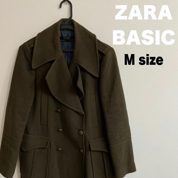 ザラベーシック Mサイズ　ダブルボタン　オーバー　コート　暖か　ウールブレンド Pコート カーキ　ZARA BASIC アウター