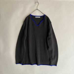 Ron Herman ロンハーマン Vネック コットン ニット 切り替え配色 柔らか素材 サーフ チャコールグレー × ブルー size M