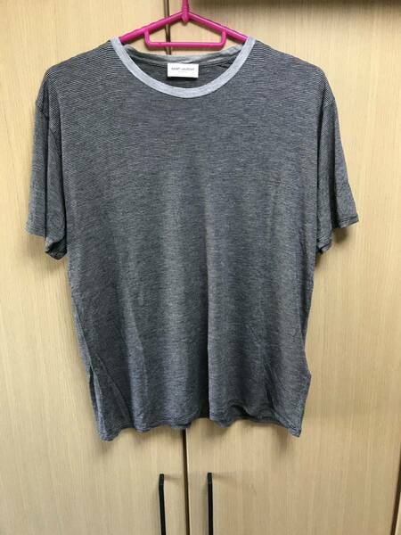 正規 13AW SAINT LAURENT PARIS サンローラン パリ Hedi Slimane エディ期 レーヨン ボーダー Ｔシャツ 灰 XS 316157 Y2AB0