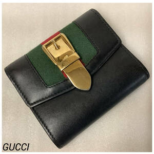 GUCCI グッチ シルヴィ 三つ折りコンパクトウォレット財布 ブラック シェリーライン 476081 良品