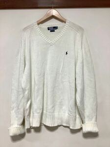 す1254 POLO RALPH LAUREN ポロ ラルフローレン Vネックニット コットンニット M ホワイト 香港製 オールド