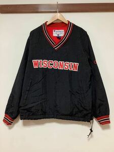 そ1277 Champion チャンピオン カレッジ ナイロンジャケット S ブラック WISCONSIN ウィスコンシン ストリート プルオーバー