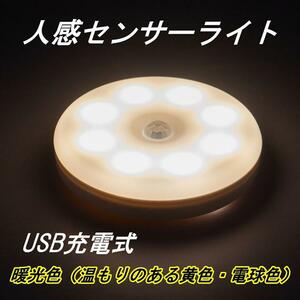 センサーライト LED 人感 室内 暖光色　USB充電おしゃれ 玄関 明るい 人感センサー 屋内 マグネット 磁石 両面テープ 照明 自動点灯