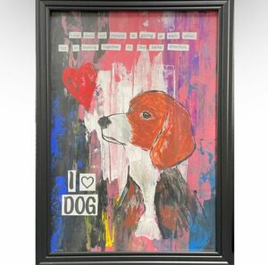 絵画　原画　現代アート　ビーグル　犬　A4サイズ　アクリル画　カラフル