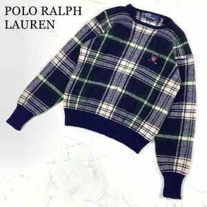 LA8534 ポロラルフローレン チェック柄ニットセーター 紺ネイビー POLO RALPH LAUREN ウール100％ マルチカラー アイボリー 緑グリーン L