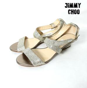 美品 JIMMY CHOO ジミーチュウ サイズ36 23㎝ オープントゥ ウェッジソール サンダル グリッター アンクルストラップ シルバー×ゴールド色