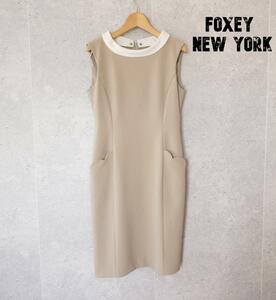 美品 FOXEY NEW YORK フォクシーニューヨーク サイズ38 ノースリーブワンピース 2WAY 襟付き 膝丈 ミディ丈 ベージュ