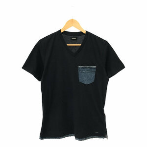 DIESEL / ディーゼル | カットオフデニム切替 Vネック スリット Tシャツ | S | ネイビー | レディース