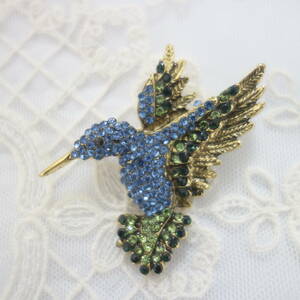 ☆幸運の鳥　幸せの青い鳥　ハミングバード　サファイア色輝石　ブローチ
