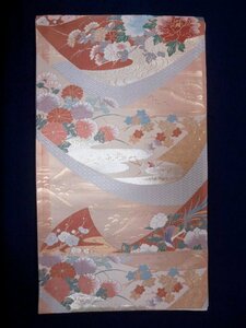 貸衣装処分　0423　袋帯　『華洛』　ピンク　四季草花・扇面（中古）（レターパック不可）　　　