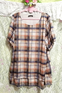 Blue orange check pattern frill negligee tunic dress, tunic & short sleeves & XL size or larger