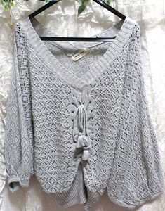 灰グレー水色ポンチョ型編みレース/セーター/ニット/羽織 Gray light blue poncho shape lace/sweater/knit/coat,レディースファッション&カーディガン&Mサイズ