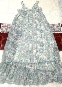 緑青エスニック柄シフォンノースリーブマキシネグリジェ ナイトウェア ワンピースドレス Patina ethnic chiffon maxi negligee dress, ワンピース, ロングスカート, Mサイズ