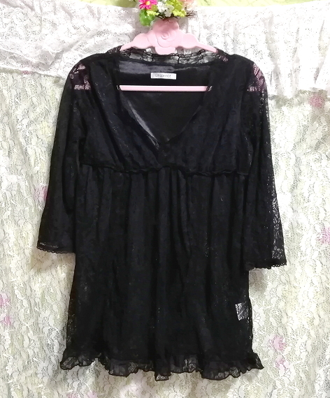 黒レースネグリジェチュニックワンピース Black lace negligee tunic dress, チュニック, 長袖, Mサイズ