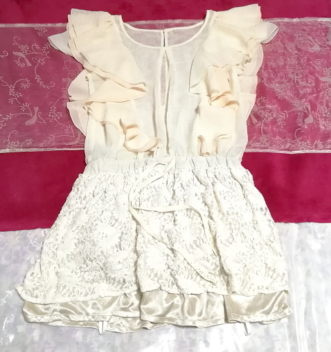 フローラルホワイトシフォンフリルネグリジェレーススカートチュニック Floral white ivory chiffon frill negligee lace tunic dress, チュニック, 袖なし、ノースリーブ, Mサイズ