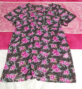 ピンクと黒バラ花柄ネグリジェチュニックワンピース Pink and black rose flower pattern negligee tunic dress,チュニック&半袖&XLサイズ以上