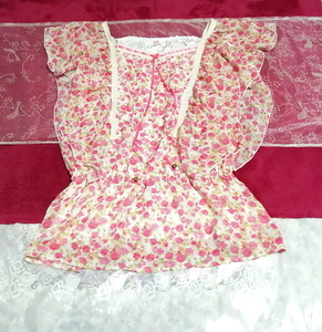 可愛いバラ花柄ピンクフリルネグリジェチュニックワンピース Cute rose flower pattern pink frills negligee tunic dress, チュニック, 半袖, Mサイズ
