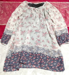 White ash flower print long sleeve chiffon negligee tunic, tunic & long sleeve & medium size
