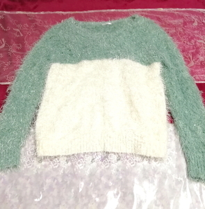 Green and white fluffy long sleeves / sweater / knit / tops, knit, sweater & long sleeves & M size
