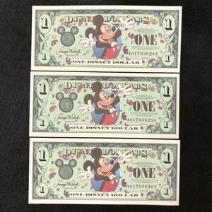 ディズニーダラー　2000年　1ドル札　ミッキー　３枚　連番　紙幣　$1　DISNEY DOLLARS　ディズニーワールド　Mickey