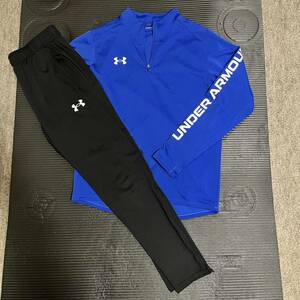 アンダーアーマー UNDER ARMOUR トレーニングウェア 上下セット Lサイズ ハーフジップ サッカー ランニング 青 黒