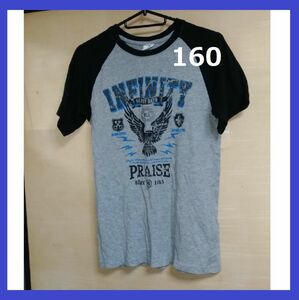 160　ラグラン袖　プリントＴシャツ　グレー×ブラック　送料無料　同梱100円