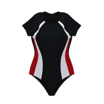 XLサイズ　黒白赤　背中ファスナー付き　半袖　水着　レオタード　ポリエステル製バストパット入り_画像1