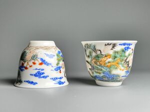 新品 中国美術2つ 湯呑 茶器 在銘 煎茶道具 松 鶴 煎茶器 送料込み