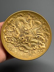 収集品 時代物 古銅 極細工 金属工芸 雲龍 茶托 在銘 希少 厚重 置物 中国 唐物 銅