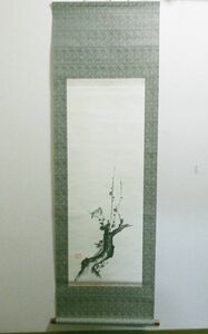 54●a595☆同梱不可　工芸品　掛け軸　二天 【紅梅鳩図】 インテリア　絵画　日本美術　複製画　印刷　宮本武蔵　現状渡し