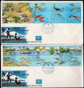 パラオ 1986年 国際切手展AMERIPE'86(海とサンゴ礁の世界)10枚貼FDCカバー4通(Z017) ※1通裏面に1文字書込みあります。