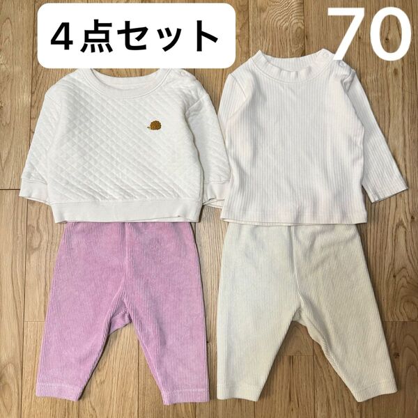 ユニクロ キルトトレーナー 長袖 Tシャツ コーディロイライク レギンス ピンク ホワイト リラックスフィット 70