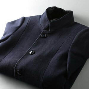 DY-濃紺【実寸52B XL程度】北欧 高級セレブdesigner**秋冬 WOOL混 リアルラビットファー 肉厚ウールチェスターコート アウター 襟毛