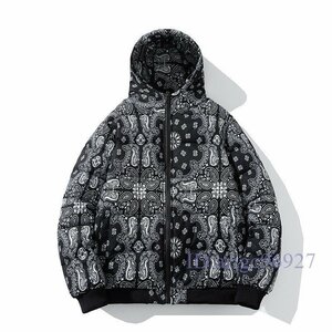 U275☆新品中綿ジャケット 柄物 メンズ* ライトアウター コート 秋冬服 ジャンパー ブルゾン トップス 黒+灰 3XL