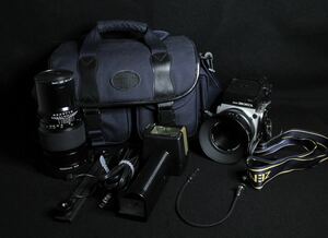 美品 ZENZA BRONICA フィルムカメラ ブロニカ AE-Ⅱ ストロボ レリーズ レンズ PE 250mm カメラバック 周辺アクセサリー セット 