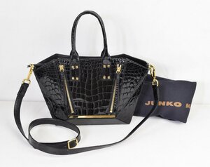 1265-23R0395★JUNKO KOSHINO ジュンコ コシノ★美品 クロコダイル型押し エナメル ハンドバッグ ショルダーバッグ